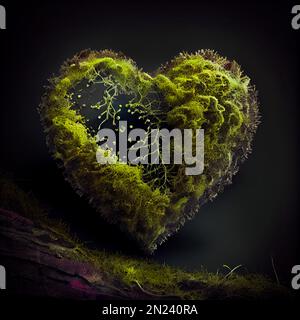 Green heart made of moss isolated on black background. Natural forest plants in the shape of heart artistic illustration. Decorative botanical poster. Stock Photo