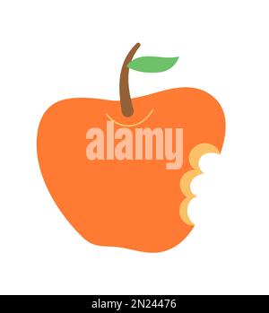 Bitten apple icon in flat style. Apple with leaf in hand drawn Stock Vector