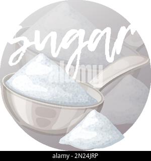 White sugar in metallic spoon, cartoon vector icon on gradient background Stock Vector