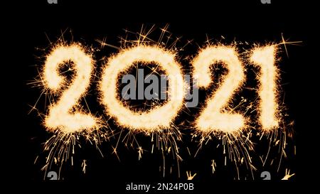 Happy new year card. 2021 silhouettes made of sparkler on black background Stock Photo