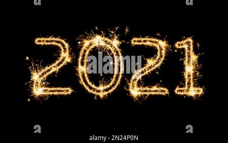Happy new year card. 2021 silhouettes made of sparkler on black background Stock Photo