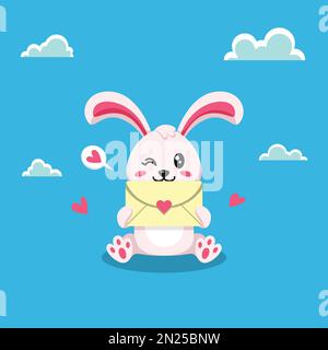 Flat Illustration of Bunny Holding a Love Letter. Valentine's Day Vector Illustration. Stock Vector