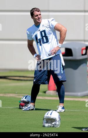 Tennessee Titans long snapper Beau Brinkley walks to a drill