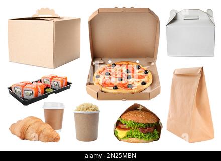 Collage of cardboard and plastic containers with fresh food on white background. Online delivery Stock Photo