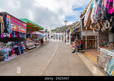 The La Bufadora tourist outdoor market of shops featuring souvenirs and food on the path to La Bufadora blowhole in Punta Banda, Mexico. Stock Photo