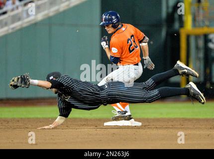 June 24, 2015: After fielding a ground ball, Vanderbilt shortstop Dansby  Swanson #7 underhands the ball to teammate 2nd baseman Tyler Campbell #2 to  turn the double-play in action during game 3