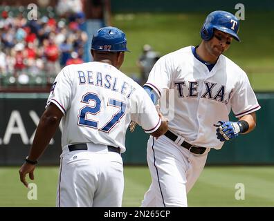 San Francisco, USA. August 24, 2018: Texas Rangers center fielder Joey Gallo  (13) is congratulated by catcher Isiah Kiner-Falefa (9) for his solo home  run, during a MLB game between the Texas