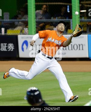 Miami Marlins right fielder Giancarlo Stanton catches a fly ball by Atlanta  Braves' Mallex Smith during the ninth inning of a baseball game, Friday,  April 15, 2016, in Miami. The Braves won