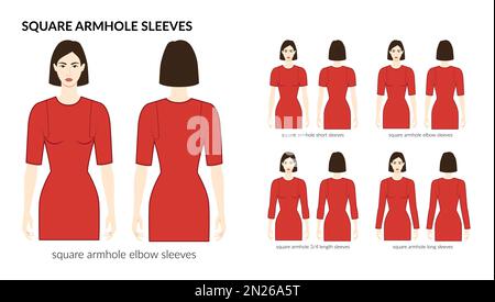 Set of Square armhole sleeves clothes - long, short, 3-4, elbow length technical fashion illustration with fitted body. Flat apparel template front, back sides. Women, men unisex CAD mockup Stock Vector