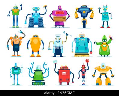 Cartoon robots characters, vector cyborgs and droids with friendly faces. Artificial intelligence isolated androids and humanoids with arms and wheels, smart ai bots technology, comic robot personages Stock Vector