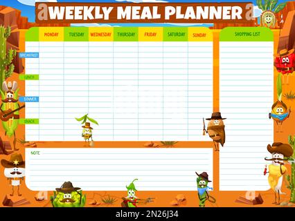 Weekly meal planner of Western cartoon cowboy, bandit and ranger fruit ...