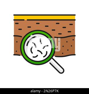 Soil microbes and bacteria research agriculture color line icon. Farming, gardening or agronomy outline vector sign with magnifying glass, microbes in soil. Agriculture ground research line symbol Stock Vector