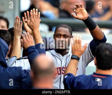 Houston Astros' Evan Gattis during the fourth inning of a baseball game  against the Los Angeles Angels, Tuesday, June 23, 2015, in Anaheim, Calif.  (AP Photo/Jae C. Hong Stock Photo - Alamy