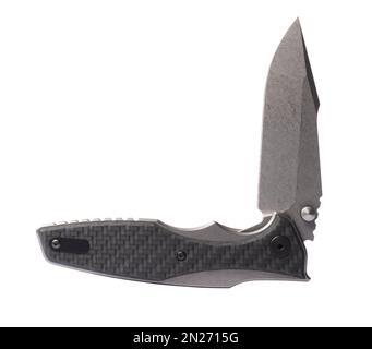 Folding tactical knife that has its blade partially open Stock Photo