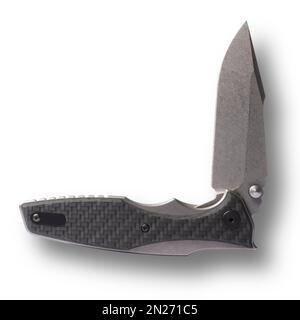 Folding tactical knife that has its blade partially open and shadow behind Stock Photo