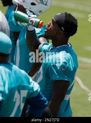 Miami Dolphins defensive end Dion Jordan is shown during mini-camp,  Thursday, June 19, 2014 at the Dolphins Training Facility in Davie, Fla.  (AP Photo/Wilfredo Lee Stock Photo - Alamy