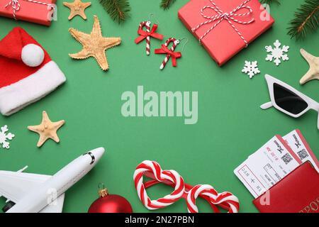 https://l450v.alamy.com/450v/2n27pbn/frame-with-toy-airplane-festive-decor-santa-hat-and-space-for-text-on-green-background-christmas-vacation-2n27pbn.jpg