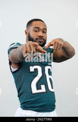 Philadelphia Eagles running back Miles Sanders poses for a portrait at NFL  football Super Bowl 57 opening night, Monday, Feb. 6, 2023, in Phoenix. The  Kansas City Chiefs will play the Philadelphia Eagles on Sunday, Feb. 12.  (AP Photo/Doug Benc Stock