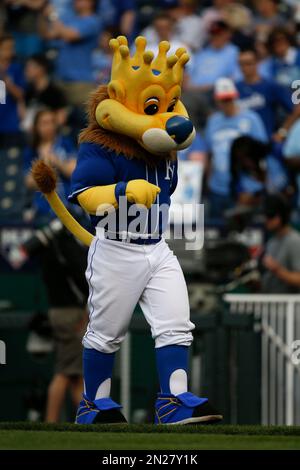 Kansas City Royals mascot Sluggerrr waves a flag before a baseball game  against the Cleveland Guardians in Kansas City, Mo., Sunday, April. 10,  2022. (AP Photo/Colin E. Braley Stock Photo - Alamy