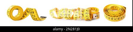 Set of yellow measuring tapes on white background. Banner design Stock Photo
