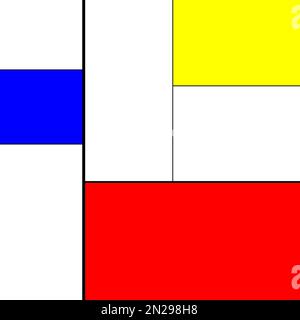 A Mondrian art style drawing, red and blue and yellow and white and black colors, artistic work, vector illustration Stock Photo