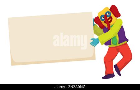 Rectangular sign template held by a happy and colorful Marimonda, character from Colombian's Carnival of Barranquilla. Design isolated in cartoon styl Stock Vector