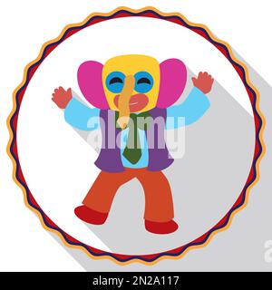 Round button with Colombian flag in the border and colorful Marimonda. Design in flat style and long shadow. Stock Vector
