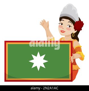 Beautiful Queen of Barranquilla's Carnival holding the flag of this city and saluting you in cartoon style. Stock Vector