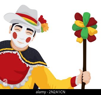 Smiling Garabato character holding a wand with colorful and hung ribbons while enjoys the Barranquilla's Carnival. Stock Vector