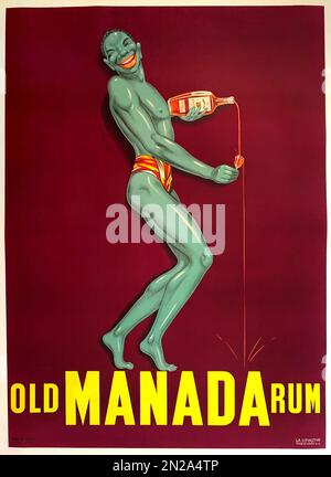 1930 ca ,  FRANCE : OLD MANADA RUM , pubblicity advertising poster . Shows a muscular Nubian man fitting the Green Fairy Absinthe myth, freely pouring alcohol into a tiny glass . The whole aesthetic was influenced by the great fashion of the time of the famous REVUE NEGRE ( at Folies Bergere ) with Josephine Baker in the middle of the Jazz Age of the Roaring Twenties . Artwork by unknown illustrator . - ART DECO - ARTE - ARTS - HISTORY - FOTO STORICHE - POSTER -  pubblicità - illustration - illustrazione - manifesto pubblicitario - ANNI TRENTA - 30's - '30 - illustrazione - alcolici - alcoolic Stock Photo