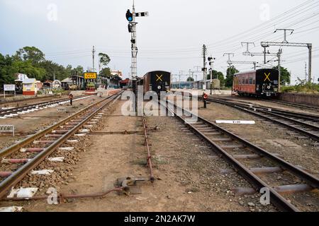 View of Toy train Railway Tracks from the middle during daytime near Kalka railway station in India, Toy train track view, Indian Railway junction, He Stock Photo
