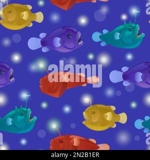 Seamless pattern with angry toothy anglers with lanterns bait. Vector cartoon detailed illustration of anglerfish. Deep sea fauna. Stock Vector