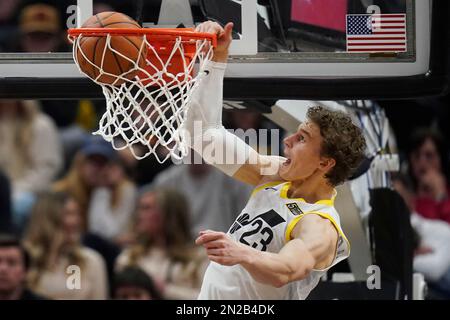 Utah Jazz forward Lauri Markkanen (23) brings the ball up court against the  Toronto Raptors during the second half of an NBA basketball game Wednesday,  Feb. 1, 2023, in Salt Lake City. (