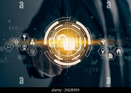 Businessman Hand and Finger Touching Screen and UI HUD Unlock Security Sign. Security Technology System or Firewall and Protection Concept in Vintage Stock Photo