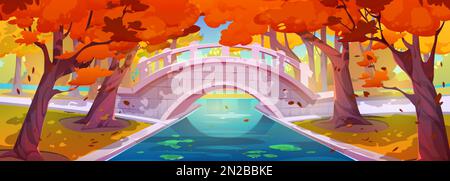 Autumn park landscape with bridge over pond, grass and trees with orange foliage. Forest or garden with stone bridge and river or canal in fall, vecto Stock Vector