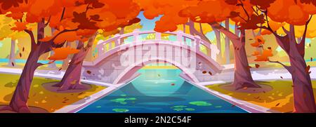 Autumn park landscape with bridge over pond, grass and trees with orange foliage. Forest or garden with stone bridge and river or canal in fall, vector cartoon illustration Stock Vector