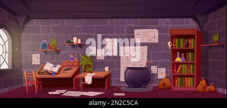 Alchemist laboratory, witch or wizard room with magic potions, books and cauldron. Magician alchemical lab interior with wooden furniture, flasks and plants on shelves, vector cartoon illustration Stock Vector