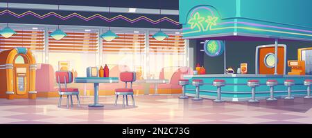 Empty American retro 50s diner interior design. Vector contemporary cartoon illustration, vintage style fast food cafe with red couches, chairs, tables, jukebox, coffee machine illuminated with lamps Stock Vector