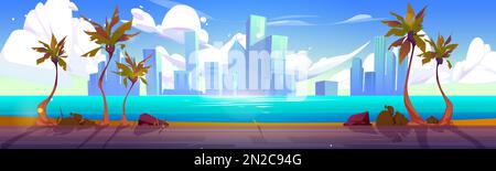 Summer tropical background with palm trees and empty asphalt road. Sea coast landscape and blue water surface with city buildings on skyline, sky with white clouds cartoon vector illustration Stock Vector