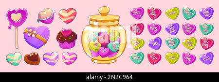 Valentine day heart candies and conversation sweets in symbol of love shape. Cute sweethearts in glass jar, chocolate cupcake, lollipop, hard sugar candies and gift box, vector illustration Stock Vector