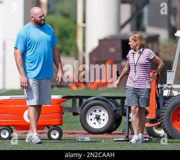 Cincinnati Bengals Executive Vice President Katie Blackburn tosses a  football on the sidelines during an NFL football rookie minicamp Saturday,  May 11, 2019, in Cincinnati. (AP Photo/Gary Landers Stock Photo - Alamy