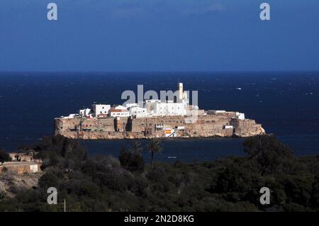 Spanish military base on rocky island of Rocher dAl Hoceima, northern Morocco, Morocco Stock Photo