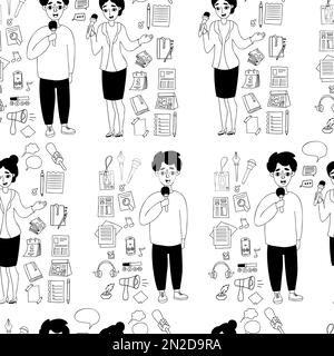 Seamless pattern with journalism profession. woman journalist and male reporter with microphone, megaphone, voice recorder and media items on white ba Stock Vector