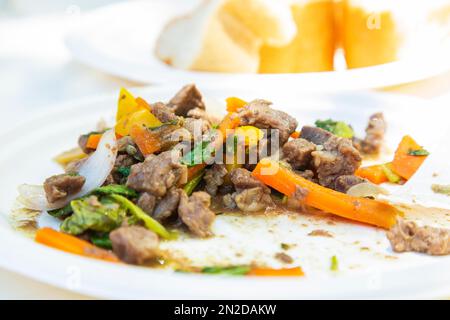Cooked lamb curry with mixed vegetables, Mauritius, East Africa Stock Photo