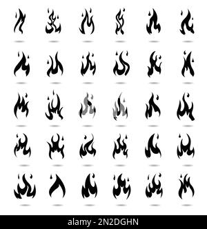 Silhouette fire flame logo, black color icons vector illustration isolated on white background. Stock Vector