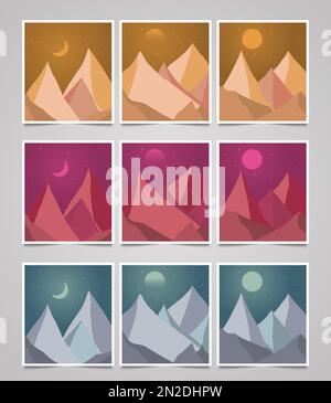Abstract flat minimalist landscape design set with different colors. winter mountains cold snowy season with day, night scene. Stock Vector