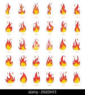 Flat style fire flame logo, black color icons vector illustration isolated on white background. Stock Vector