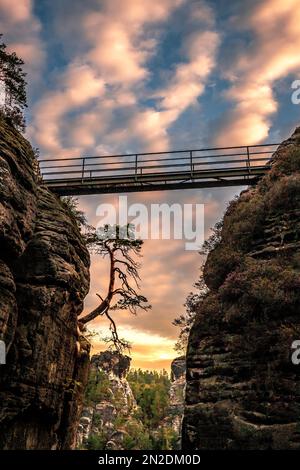 Sunrise on the Bastei Bridge in Saxon Switzerland, view from Felsenburg Neurathen, Saxony, Germany Stock Photo