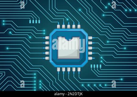 Modern cartoon style printed circuit board with a ic chip and track. Stock Vector