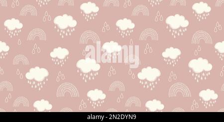 Hand-drawn baby seamless pattern with cute white neutral pastels clouds, rain and rainbow on a pink background. Stock Vector